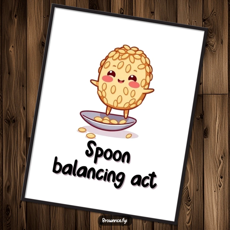 Funny wobbly brown rice grain character humorously balancing on a spoon, depicted in vibrant and amusing digital art.