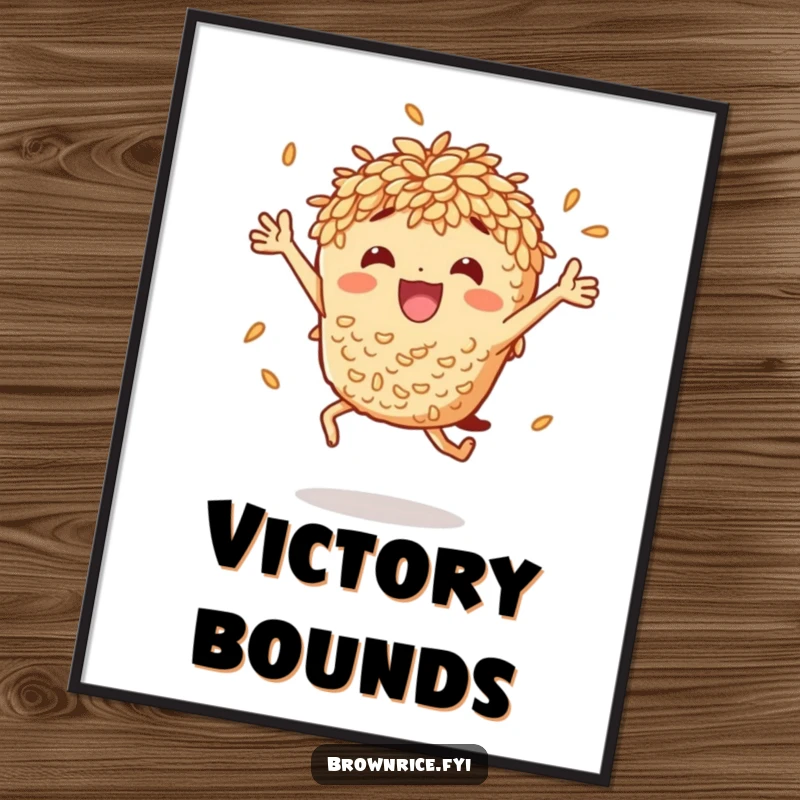 Funny brown rice character captured in a dynamic, celebratory jump, ideal for downloadable humorous wall art.