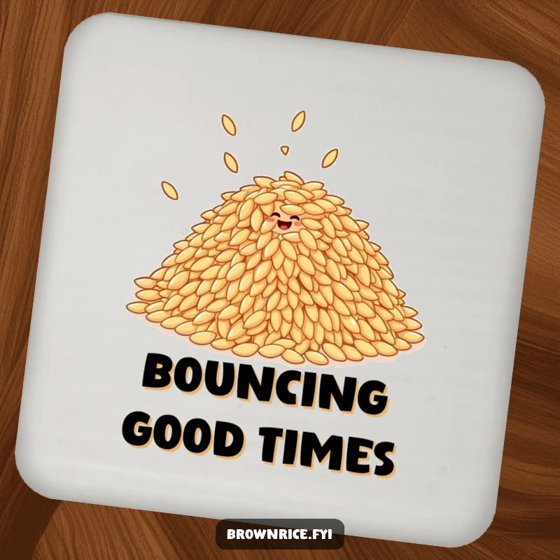 Funny pile of brown rice grains giggling and bouncing, printed on a protective drink coaster.