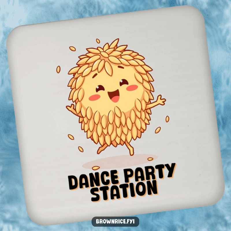 Funny Drink Coaster Set with a happy brown rice cluster character doing a joyful jig, its grains bouncing rhythmically.