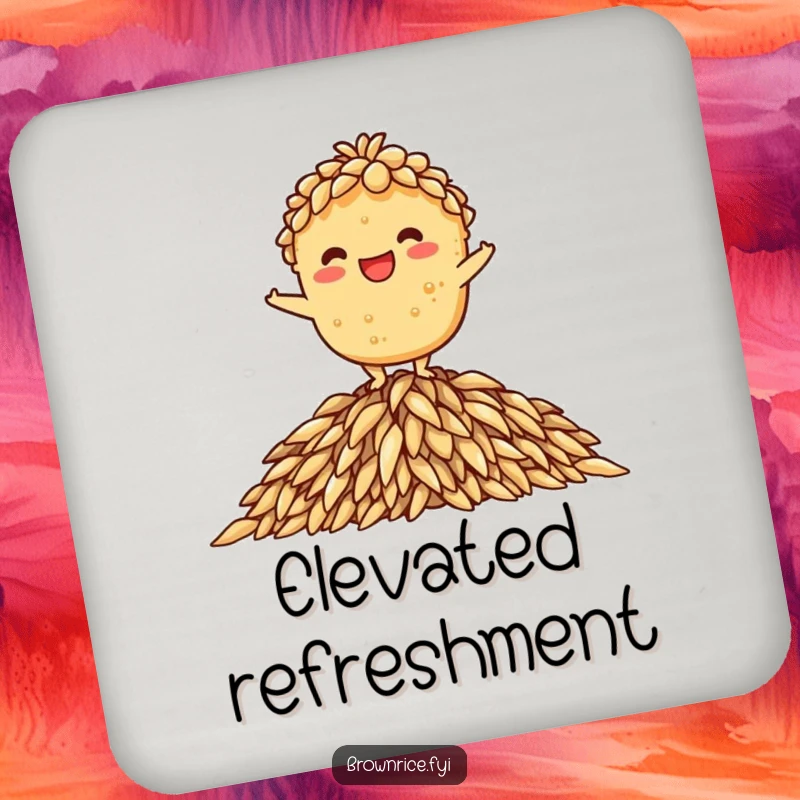 Funny drink coaster illustrating a brown rice character grinning while balanced on a pile of rice, a perfect funny gift.