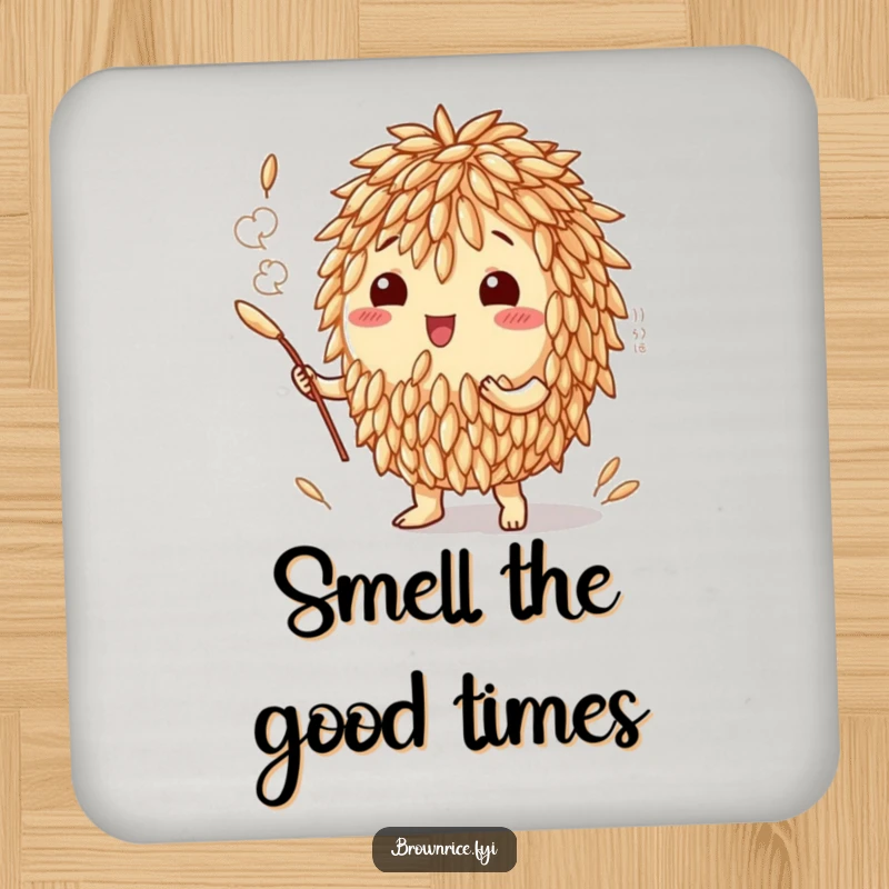 Funny drink coaster featuring a brown rice grain character emitting a tempting cloud of delicious aroma, enhancing any beverage setting.