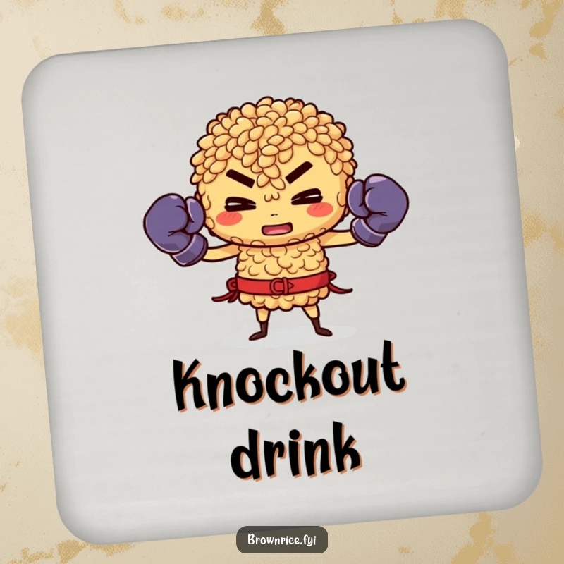 Funny Brown Rice Coaster: Brown rice character with boxing gloves, ready to fight, protecting surfaces.