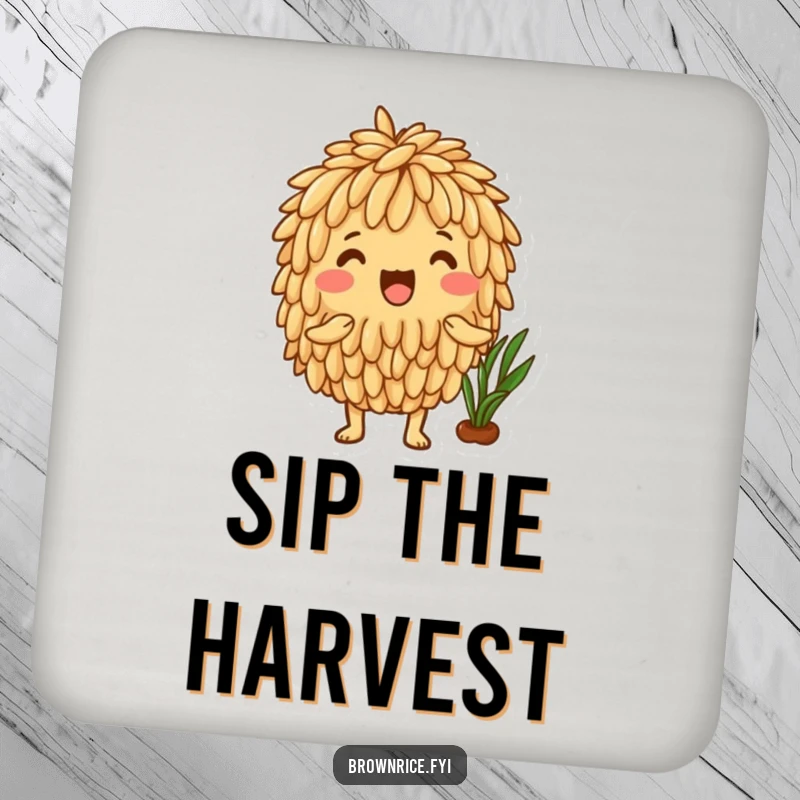 Funny Brown Rice Coaster set with an excited brown rice character celebrating a healthy harvest, perfect for adding garden cheer.