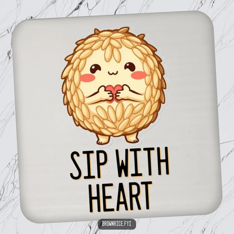 Funny Drink Coaster: A brown rice character making a heart shape with grains, offering love and protection.