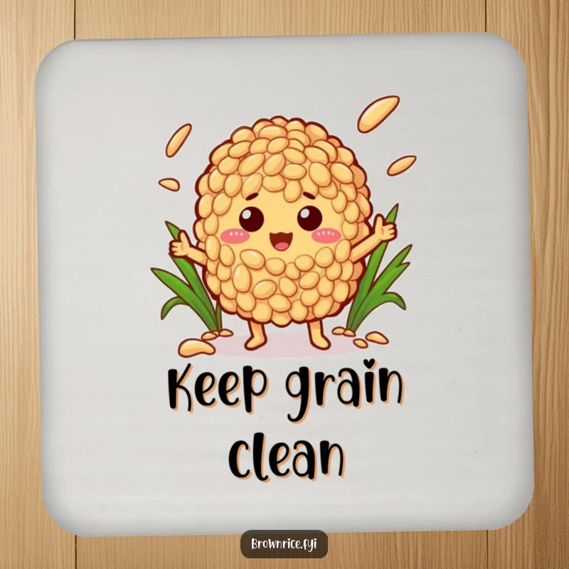 Funny drink coaster set showcasing a brown rice character juggling various rice grains, adding a humorous touch to drink service.