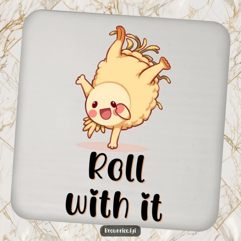 Funny brown rice character drink coaster, performing a spirited somersault, guarding tabletops with cheerful, playful energy.