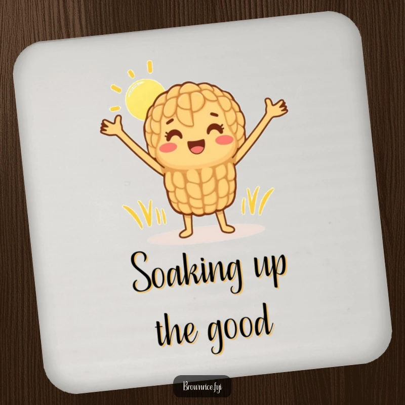 Funny drink coaster featuring a happy brown rice grain character stretching in the sun, a humorous and practical addition to any table.