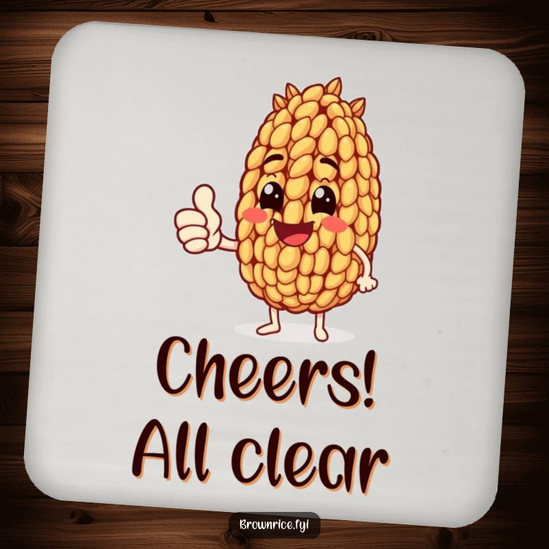 Funny drink coaster featuring a brown rice grain character enthusiastically giving a thumbs up, adding a touch of positive humor.