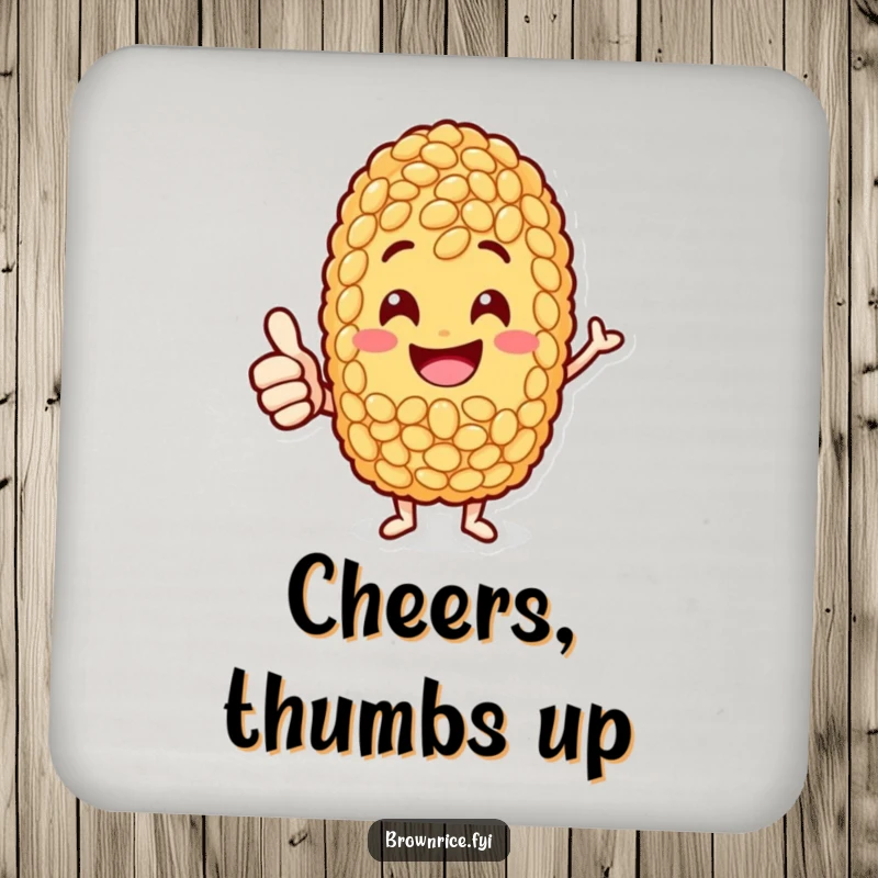 Funny jolly brown rice grain character giving a thumbs-up, serving as a delightful and protective drink coaster.