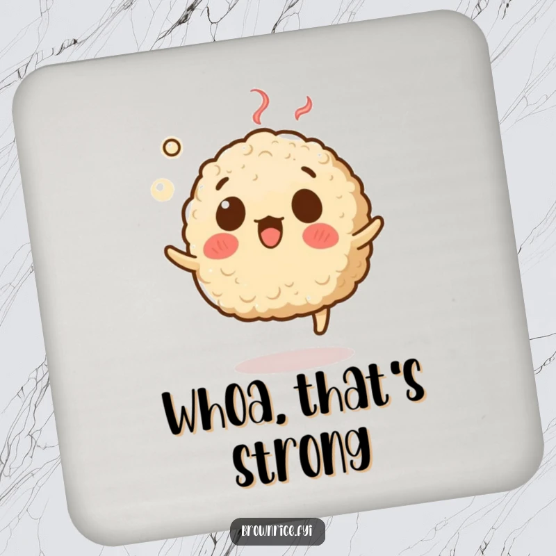 Funny drink coaster featuring a brown rice grain character with a surprised expression, levitating with steam, for amused hosts.