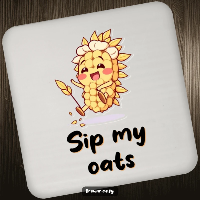 Funny Oat Grain Coasters featuring happy oat grain characters performing silly stunts, protecting surfaces with charm. A delightful funny gift set.