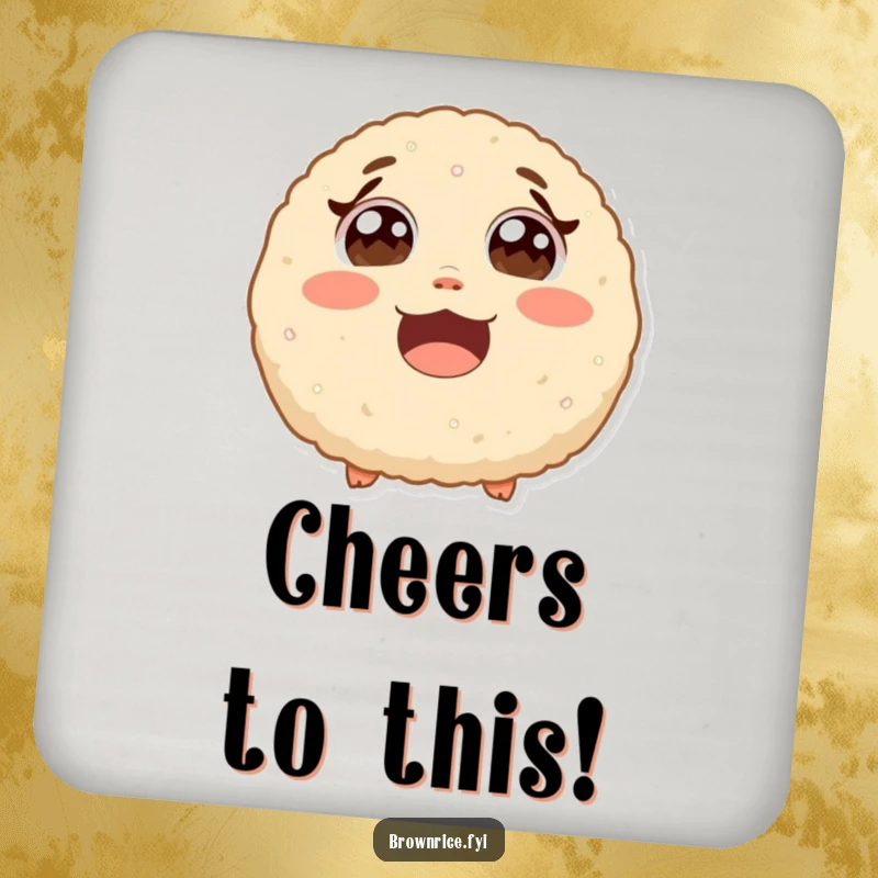 Funny surprised brown rice ball with wide eyes from laughter, a protective drink coaster with a cute and humorous cartoon design.