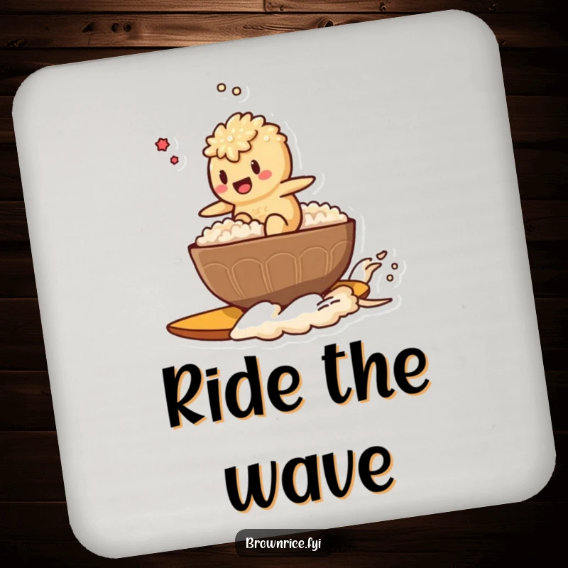 Funny drink coaster set featuring a brown rice character surfing a steaming bowl of rice, perfect for adding a humorous touch.