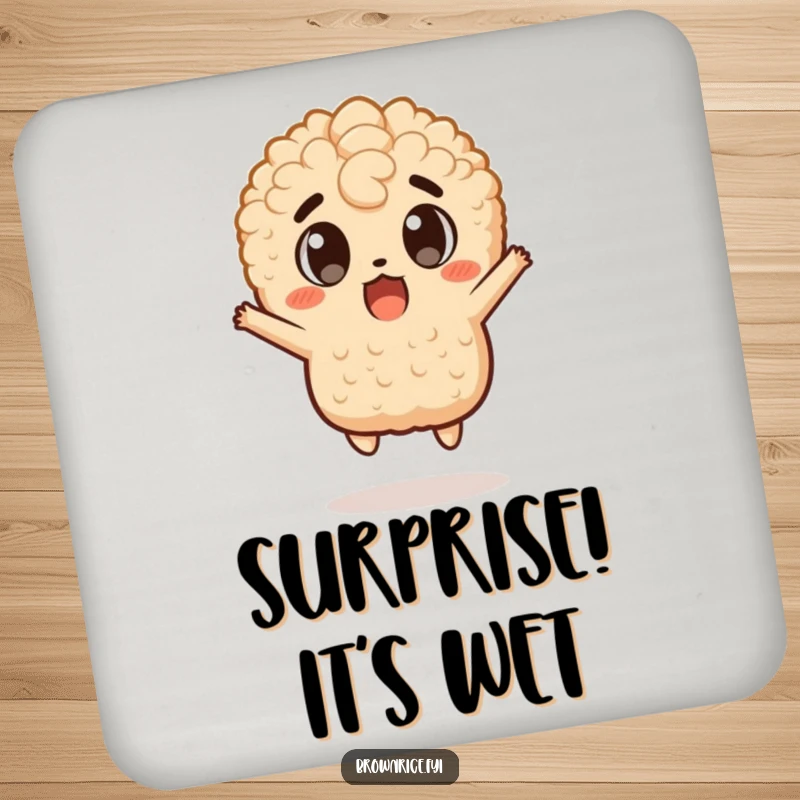 Funny drink coaster showcasing a brown rice character mid-jump in surprise, perfect for a funny gift.