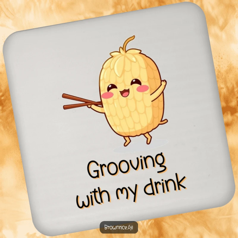 Funny drink coaster featuring a cheerful brown rice grain character dancing with chopsticks, adding humorous charm.