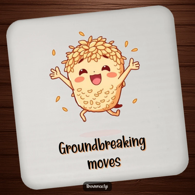 Funny brown rice character mid-jump, designed for a functional and humorous drink coaster.