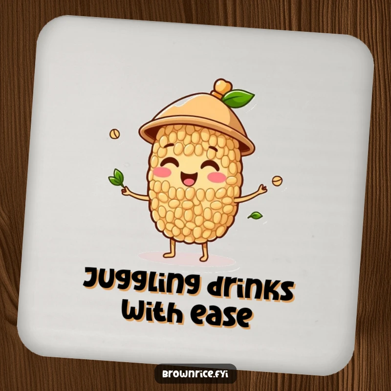 Funny drink coaster with a happy brown rice grain character in a hat juggling sprouts, a humorous and skillful addition to any table.