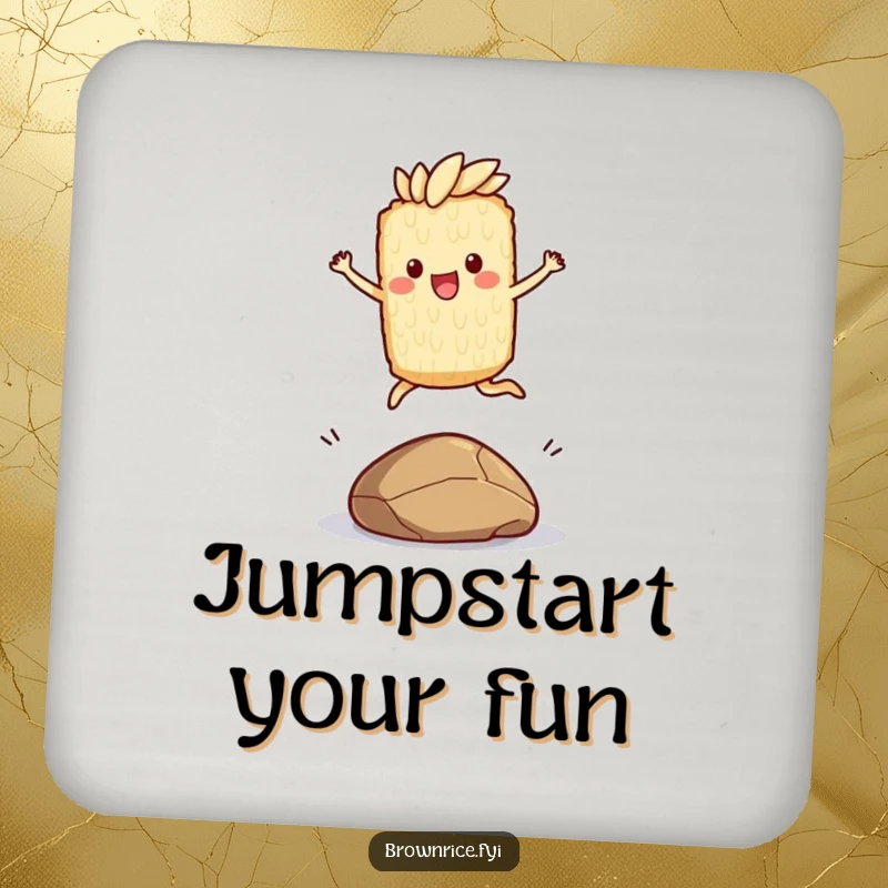 Funny drink coaster with a brown rice character joyfully leaping over a small pebble, a humorous and energetic addition to any table.