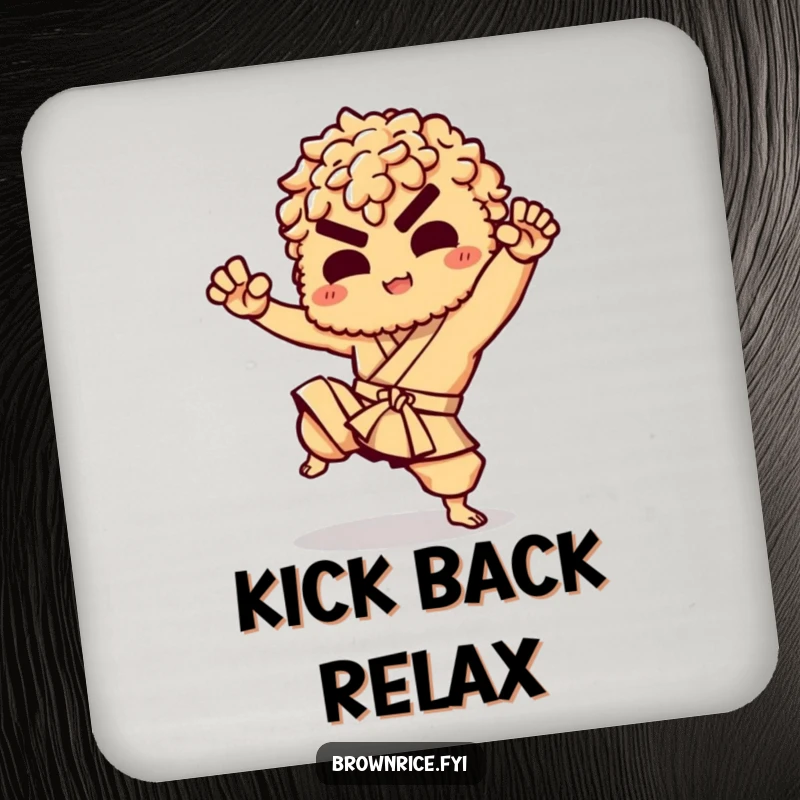 Funny drink coaster set featuring a brown rice character performing a martial arts kick, adding a humorous touch.