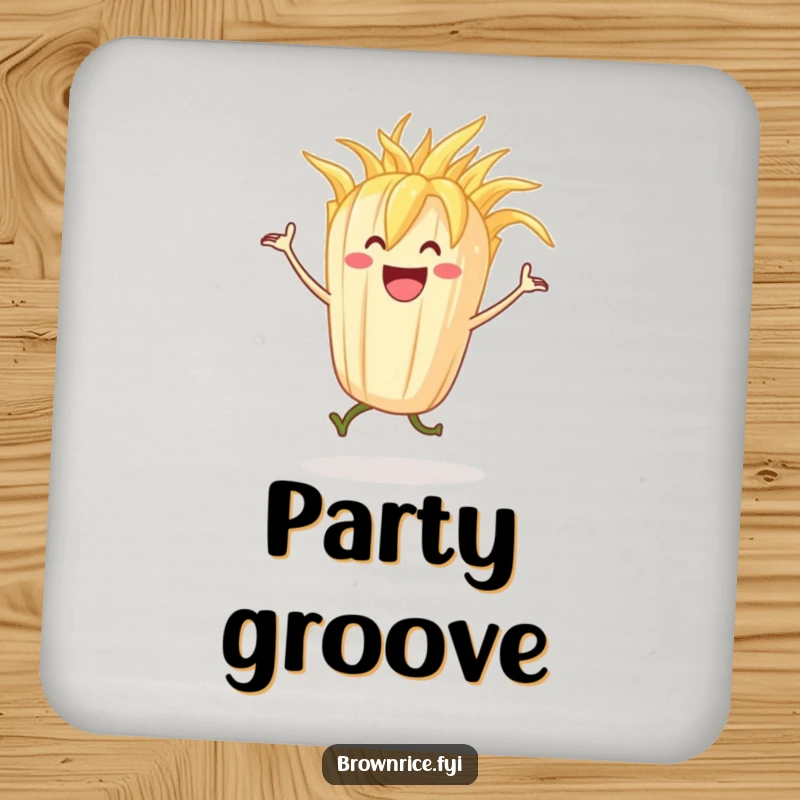Grinning stalk of rice character dancing with happy abandon, designed for a functional and humorous coaster.