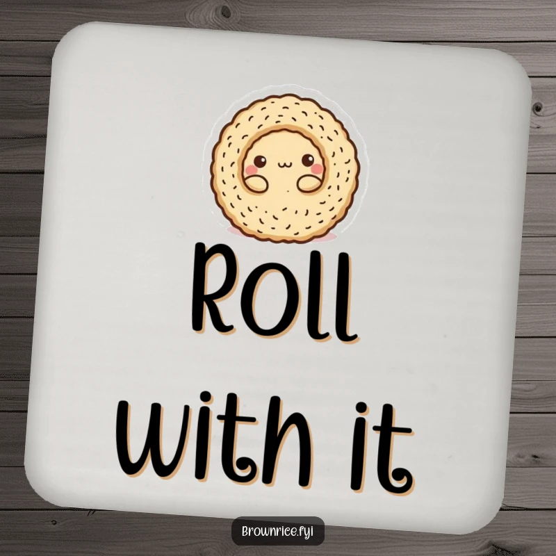 Funny Drink Coaster: A brown rice character rolled into a round ball, offering playful protection.