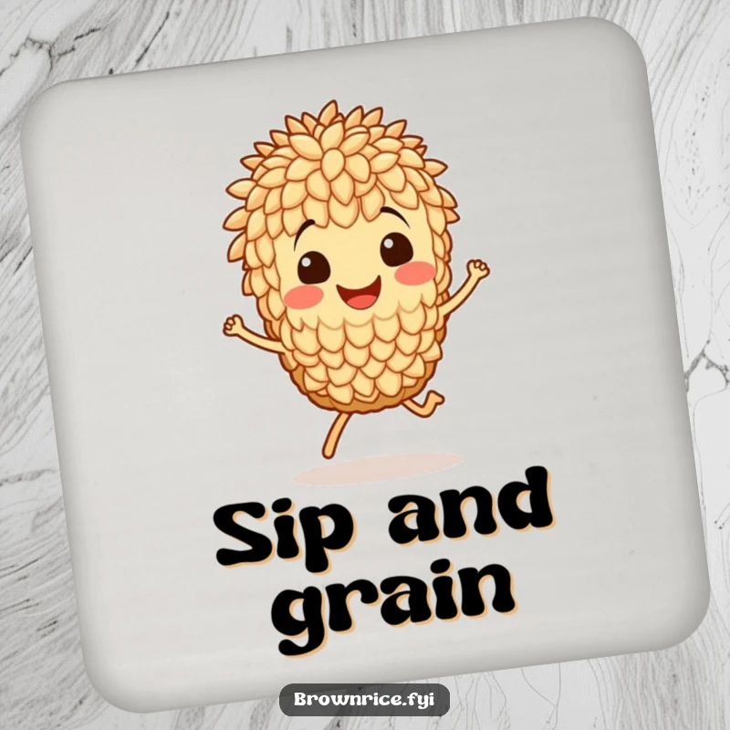 Funny drink coaster with a smiling brown rice grain character in a playful hop, adding humor to beverage service.