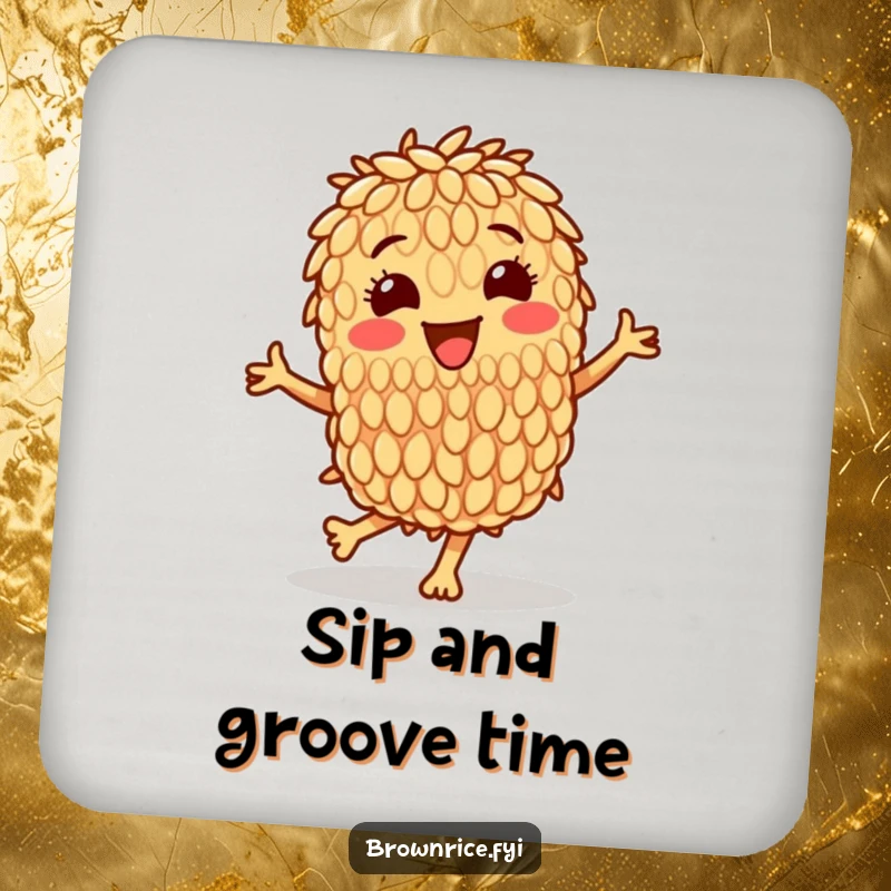 Funny drink coaster showcasing a joyful brown rice grain character performing a happy dance, adding a touch of whimsy to tabletops.