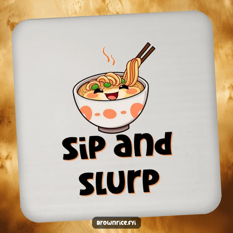Funny Ramen Coasters featuring delighted, grinning ramen bowls, protecting surfaces with a smile. A delightful funny gift set.