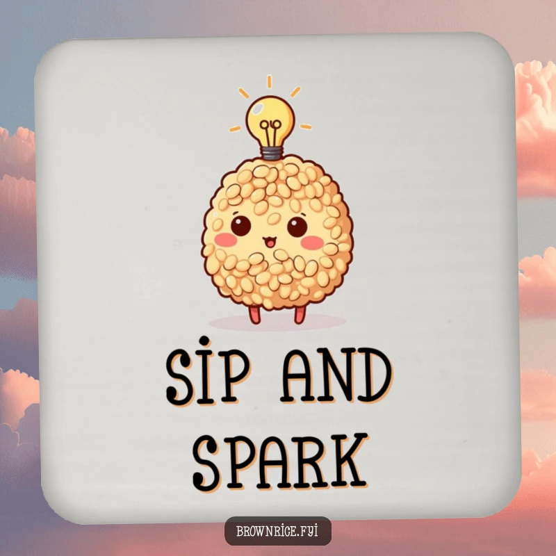 Funny Brown Rice Coaster set with a brown rice character with a lightbulb, perfect for protecting tables with style.