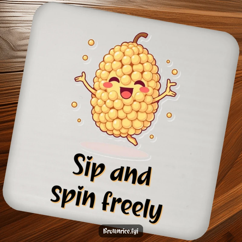 Funny drink coaster showcasing a quinoa grain character spinning joyfully, perfect for adding a healthy and humorous touch to tabletops.