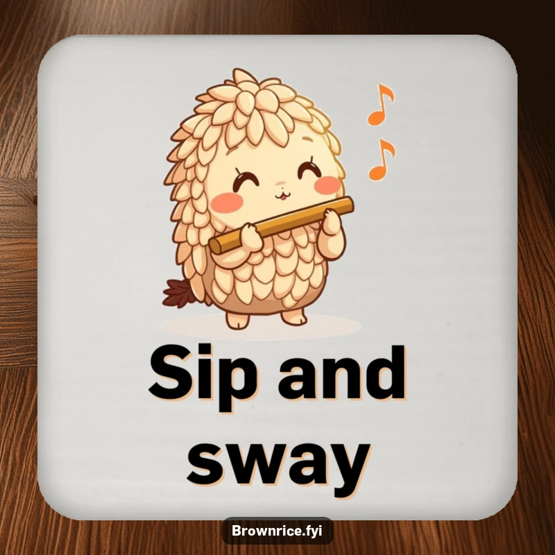 Funny Brown Rice Coaster set with a joyful brown rice character playing a tiny flute, adding musical charm to table settings.