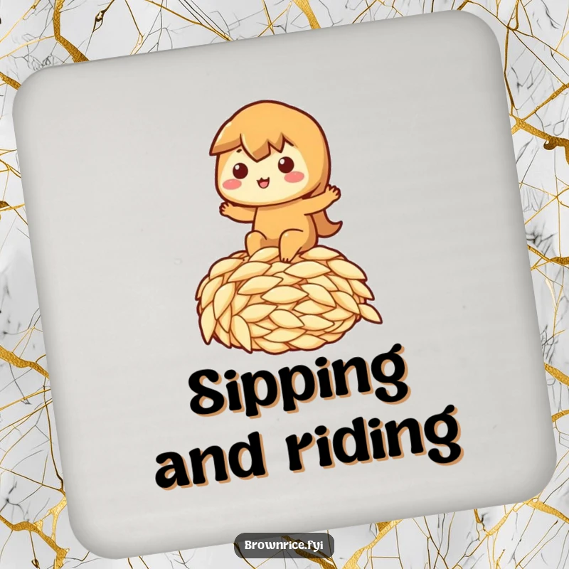 Funny drink coaster illustrating a brown rice character happily riding a giant grain of rice, a perfect funny gift.
