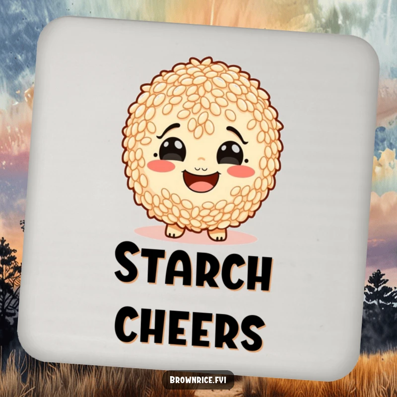 Funny brown rice character with a comically wide, starchy smile, showcased on humorous drink coasters.