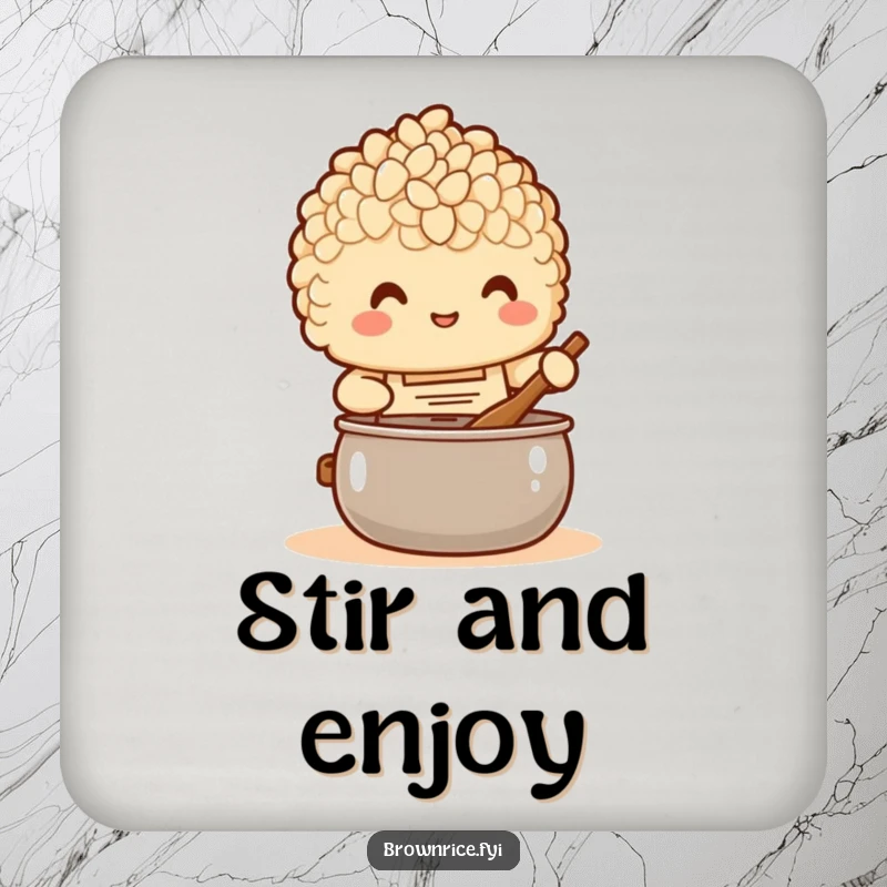 Funny Drink Coaster: A brown rice character in an apron stirring a pot, adding kitchen fun.