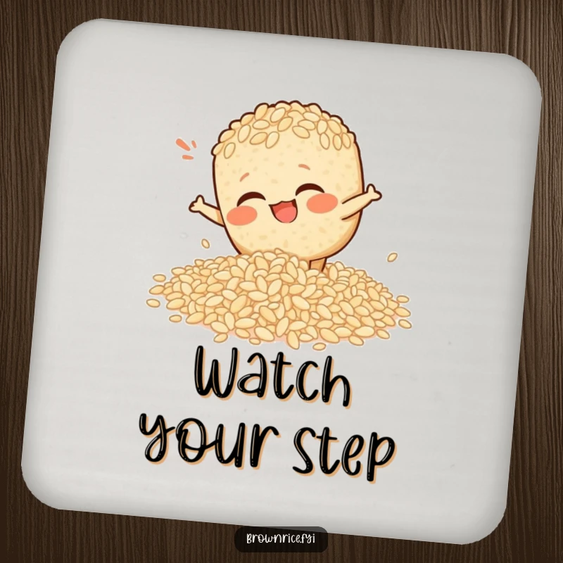 Funny drink coaster illustrating a brown rice character comically slipping on spilled rice, a perfect funny gift.