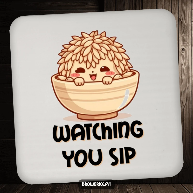 Funny drink coaster featuring a mischievous brown rice grain character peeking from a bowl, adding humorous charm.