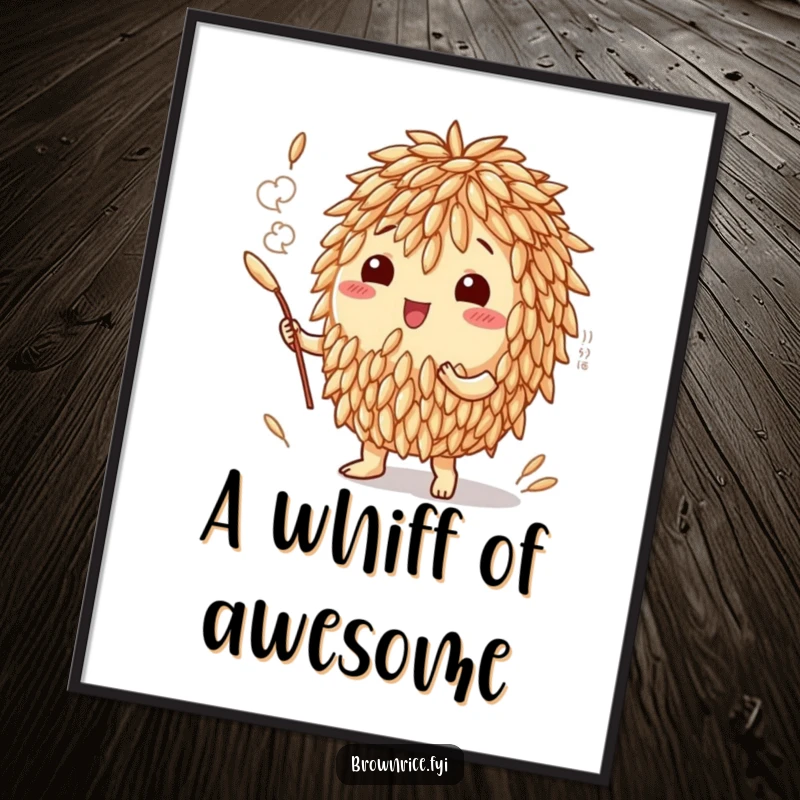 Funny poster art featuring a brown rice grain character generating a visible, delicious aroma cloud, evoking the pleasure of great food.