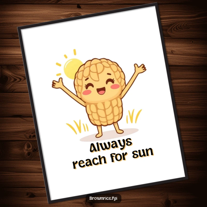 Funny poster art of a happy brown rice grain character stretching joyfully towards the sun, ideal for a cheerful and humorous wall decoration.
