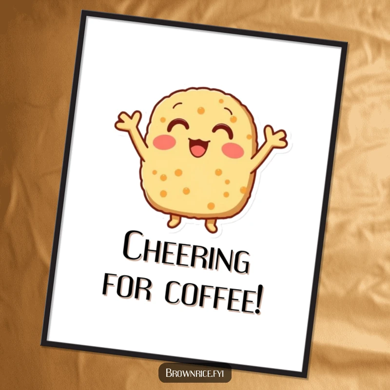 Funny brown rice patty with little arms in a dynamic cheering pose, featured as a high-quality poster print.