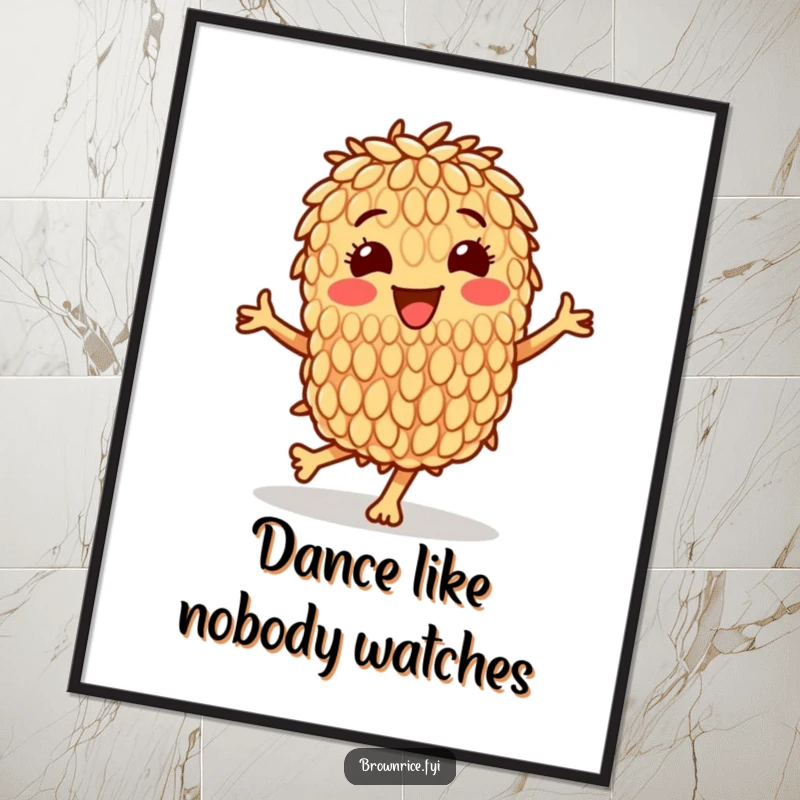 Funny poster depicting a smiling brown rice grain character performing a lively happy dance, adding a touch of humor to any room.