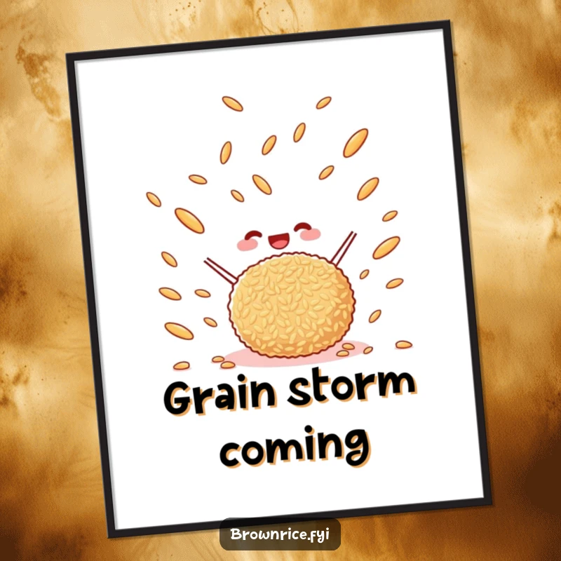 Funny happy brown rice ball actively tossing brown rice grains in the air, a whimsical cartoon poster illustration for wall decor.