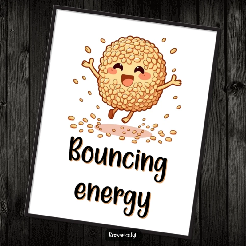 Funny Poster: An ecstatic brown rice character bouncing high, scattering grains, depicting pure, contagious joy.