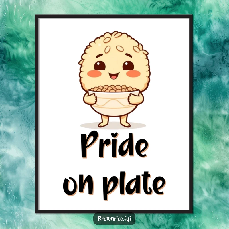 Funny Brown Rice Poster depicting a brown rice character holding an empty bowl with a proud smile, celebrating culinary success.