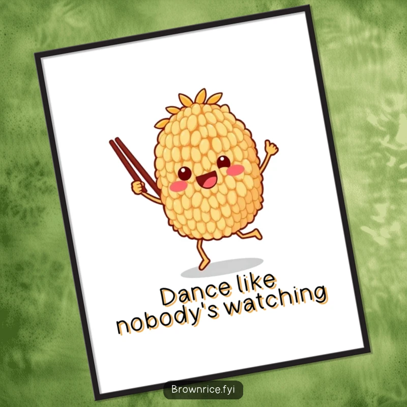 Funny poster print of a brown rice grain character joyfully dancing with chopsticks, exuding happiness and playful culinary delight.