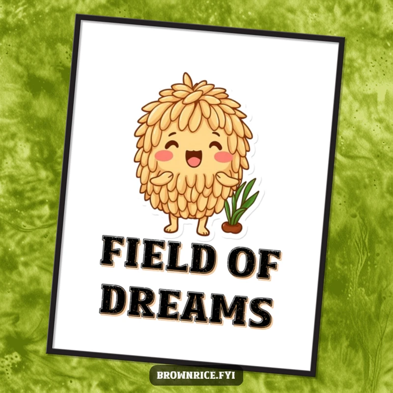 Funny Brown Rice Poster depicting an excited brown rice character celebrating a bountiful and healthy harvest with fresh produce.