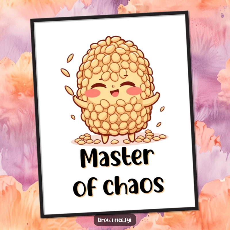 Funny brown rice character poster, captured mid-wink while skillfully juggling miniature grains of rice, perfect humorous wall art.