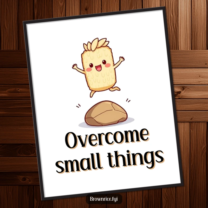 Funny poster art of a brown rice character joyfully leaping over a small pebble, perfect for dynamic and humorous wall decor.