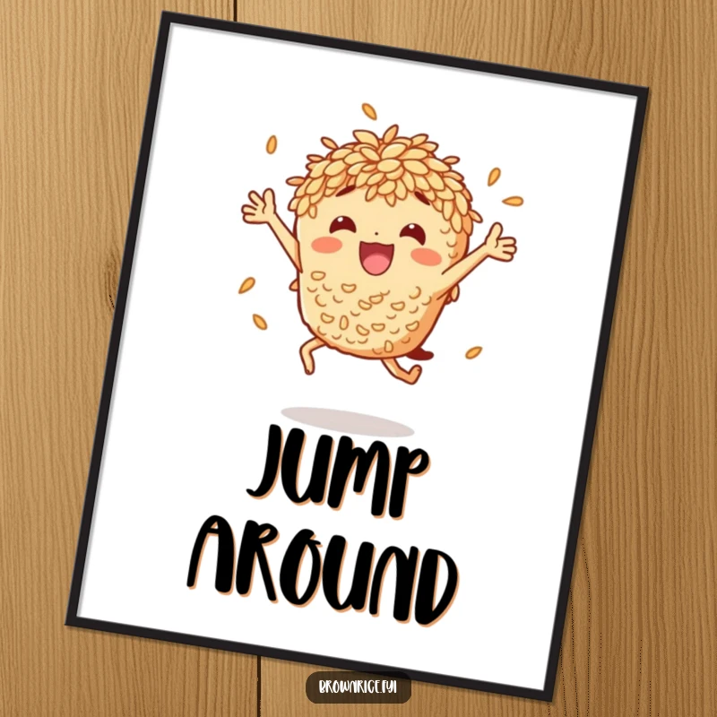 Funny brown rice character captured in a dynamic, celebratory jump, ideal for eye-catching and humorous wall art.
