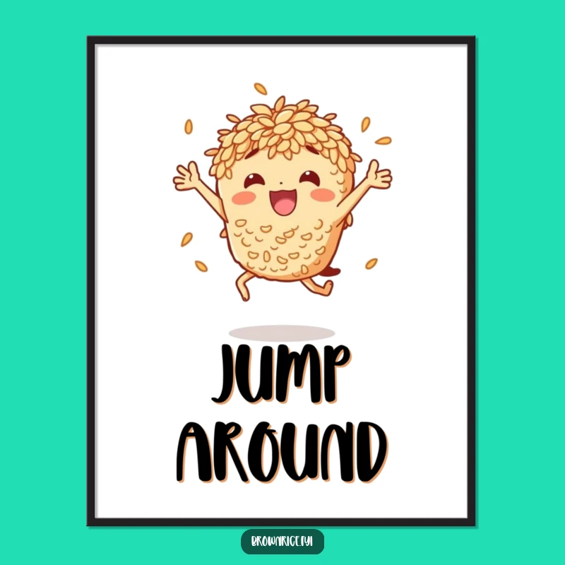 Funny Brown Rice Jumping Poster: Vibrant Wall Art, Hilarious Character Decor